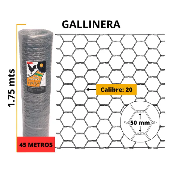 Malla Gallinera Hexagonal 1.75 M X 45 M X 50 Mm Calibre 20 Plateado