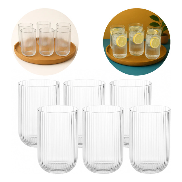 Jogo 6 Copos De Vidro Canelado Cameratta Agua Suco 420ml Transparente