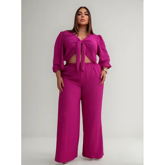 Conjunto Feminino Cropped Calça Pantalona Forrada Plus Size