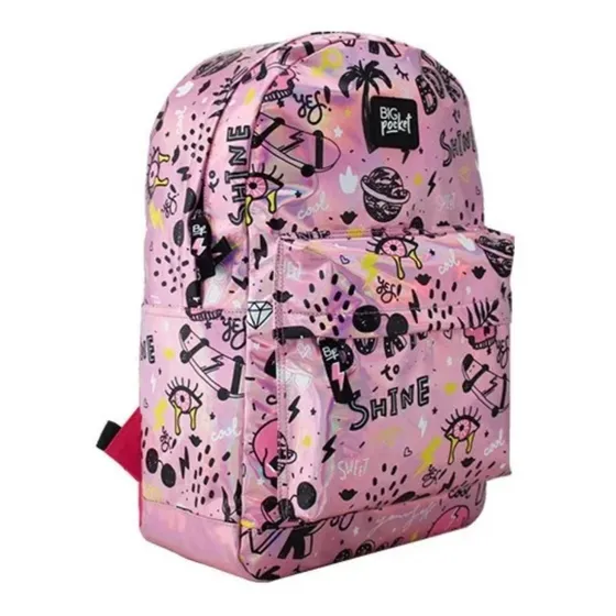 Mochila Espalda 17 Pulgadas Holográfica Just Cool Big Pocket Color Rosa Diseño de la tela Estampado