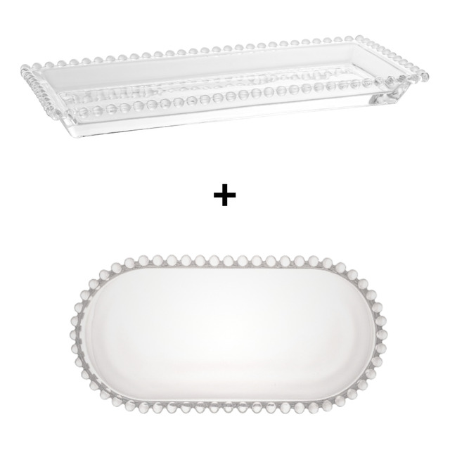 Kit Travessa Bandeja Vidro Retangular E Oval Porta Doce Bolo Petisco Transparente Resisten...