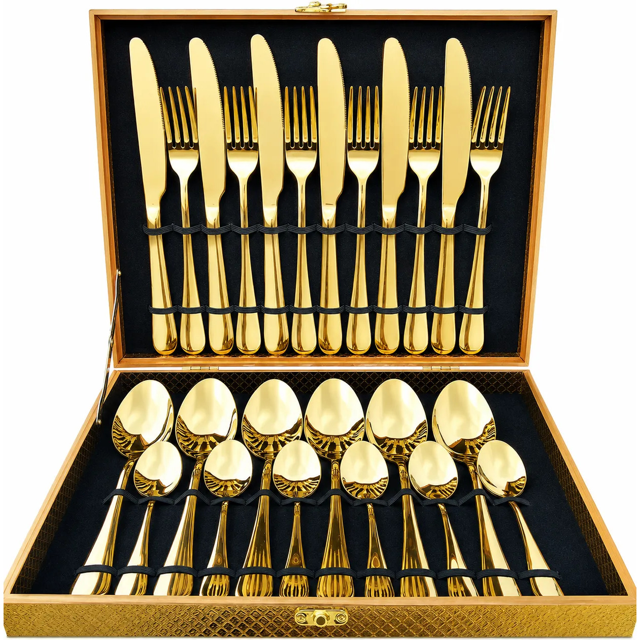 Kit 24 Talheres Luxo Premium Faqueiro Dourado Com Maleta Dourado