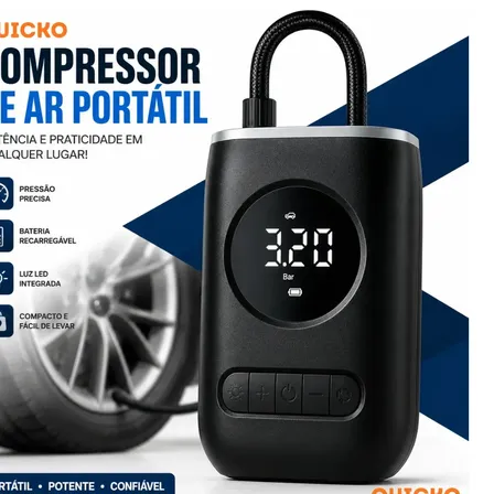 Mini Compressor de Ar Portátil Quicko para Pneus de Carro, Moto e Bicicleta com Visor Digital