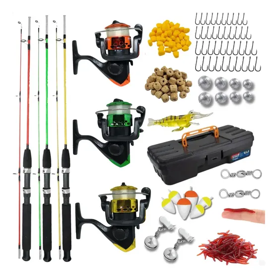 Kit Pesca 3 Vara Maciça 3 Molinete + Linha Maleta Acessórios