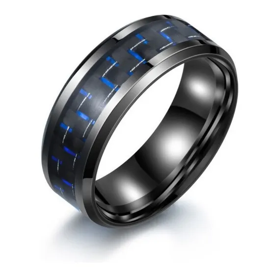 Anel Fibra De Carbono Azul Titânio Tungstênio Preto Unissex