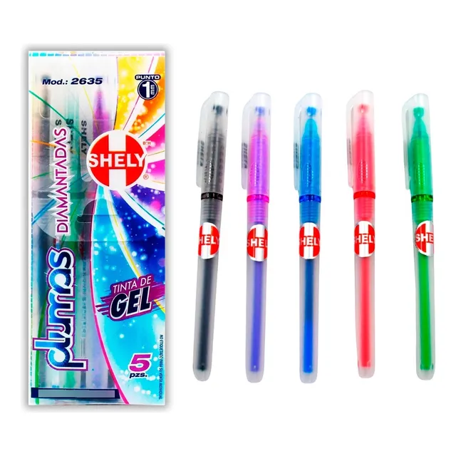 Plumas Shely De Gel Diamantadas C/grip 1mm 5pzas. Tinta Colores Exterior Colores