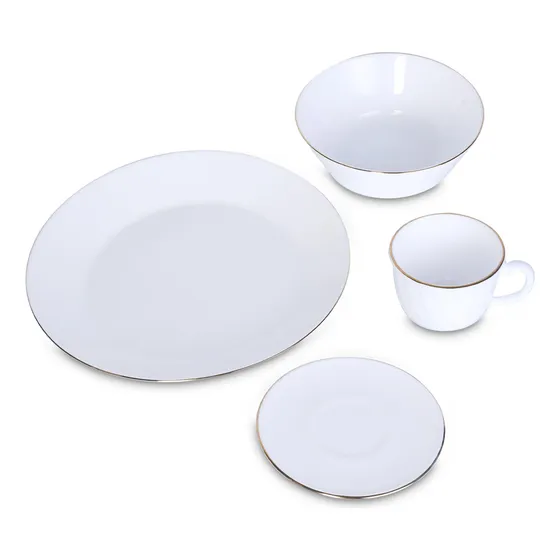 Vajilla De Vitrocerámica 16 Piezas Color Blanco Orilla Plata