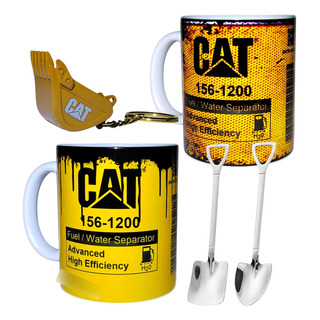 Set De 2 Tazas Caterpillar Filtro Con Cuchara + Llavero Set De 2 Tazas Caterpillar Filtro Con Cuchara + Llavero