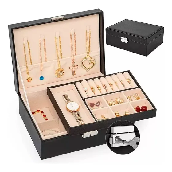 Alhajero Caja Organizadora Joyas Anillos Aro Accesorio Cuero Color Negro