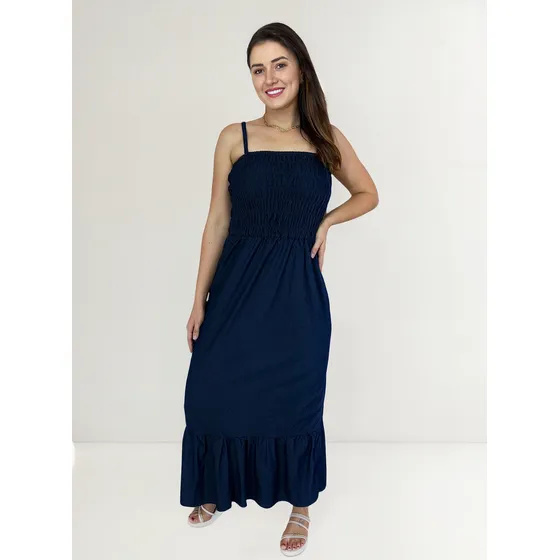 Vestido Jeans Longo Corpete Lastex Alcinha Leve Saia Longa 