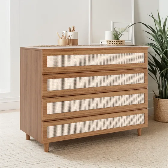 Cômoda De Bebê Haus Nature Com Palha E 4 Gavetas  110cm - Fr