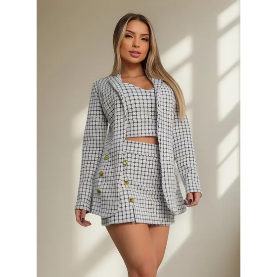 Blazer Cropped E Short Saia Xadrez Conujunto 3 Peças 2024