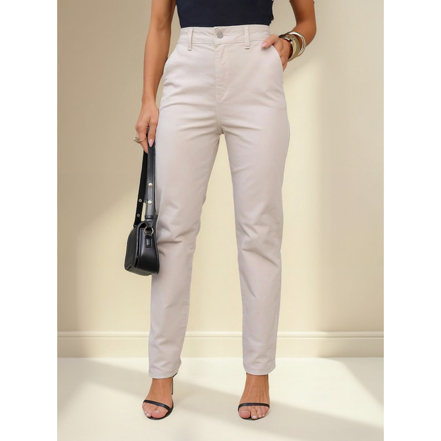 Calça Feminina Alfaiataria Cintura Alta Reta Areia / Preta Calça Feminina Alfaiataria Cintura Alta Reta Areia / Preta