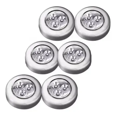 6 Luminárias Toque Sem Fio 3 Led A Pilha Com Fita Adesiva Prata