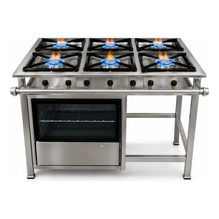 Fogao Alta Pressao Inox 6 Bocas + Forno 60lts Porta De Vidro Prateado A Gás