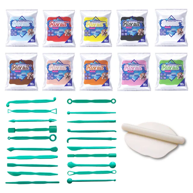 Kit Biscuit Iniciante 10 Massas + Rolo + 16 Estecas + Brinde