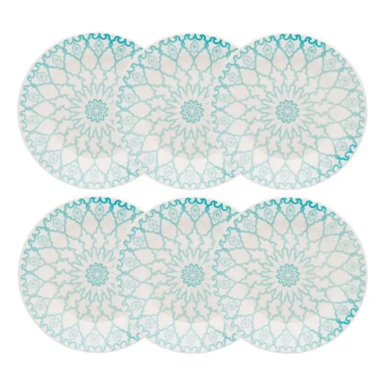 Conjunto De 6 Pratos Rasos Donna Mandala 24cm Azul-Claro e Off-White Biona