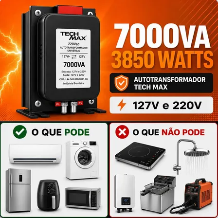 Auto transformador bivolt 110v 220v Techmax 7000VA 3850W ar condicionado forno elétrico lava e seca