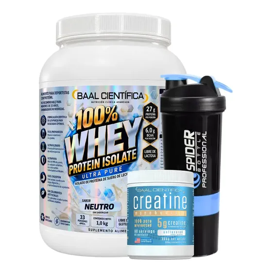 Whey Protein isolate 1kg + Creatina 300g + Shaker Baal Cientifica Sabor Sin Sabor