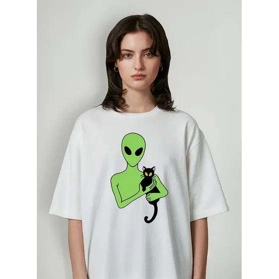 Remera Unisex Ovni Alien Gato Gatito Cat Aesthetic Algodón