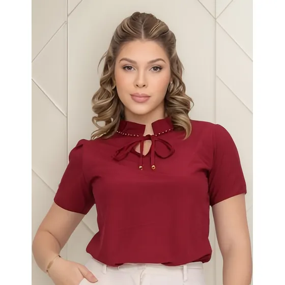 Blusa Modesta Gola Alta Pérolas Trabalho