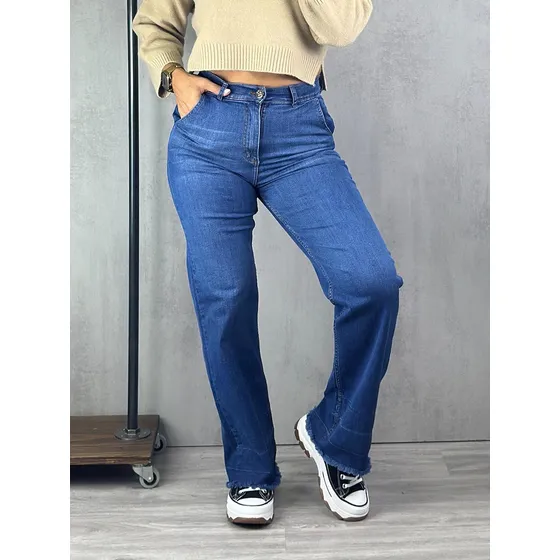 Jean Wide Leg Azul Deflecado Con Roturitas - Lou Jeans