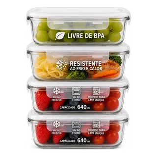 Kit 6 Potes 640ml Vidro Hermético 4 Travas Marmita Refratario Star House Com 4 Travas De Super Vedação Branco