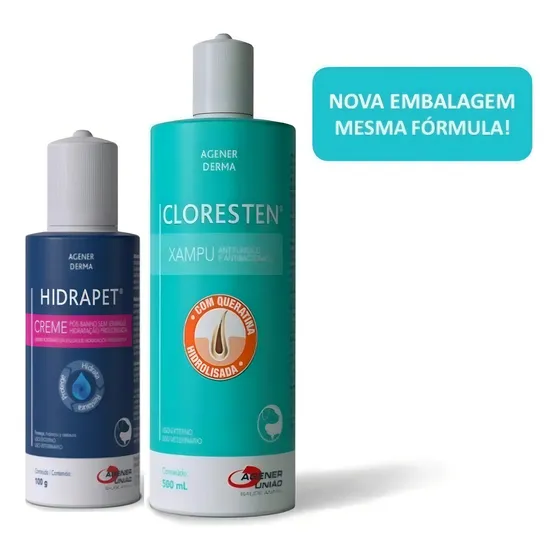 1 Cloresten Shampoo 500ml + 1 Hidrapet Creme 100g Cães Gatos