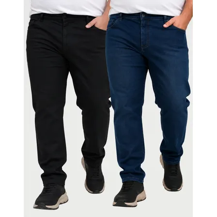 Kit 2 Calça Plus Size Masculina Jeans Com Elastano Lycra Preto - Azul Escuro 56