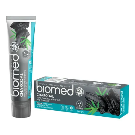 Pasta de Dientes Biomed Charcoal Blanqueadora / Whitening con Carbón 100g, Sabor Menta Dulce, Sin Flúor, Sin Gluten, Vegana, con Hidroxiapatita, Cuidado de Encías, Premium