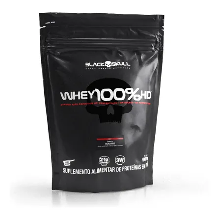 Whey 100% Hd Refil Black Skull - 900g (wpc, Wpi E Wph) Sabor Morango
