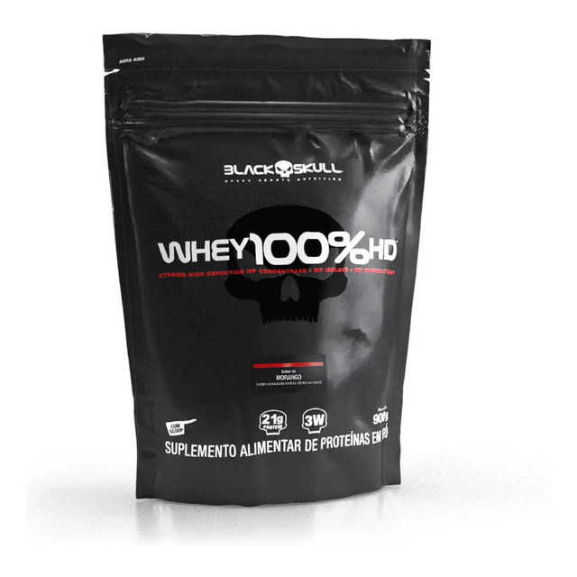 Whey 100% Hd Refil Black Skull - 900g (wpc, Wpi E Wph) Sabor Morango