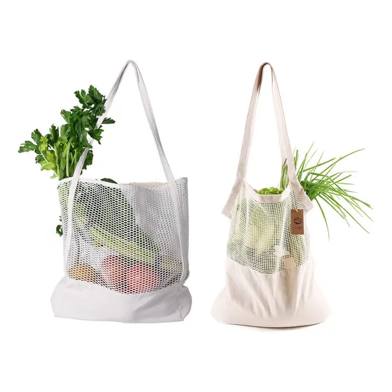 Bolsa Reutilizabl Asa Larga Color Beige Blanco Malla Algodon
