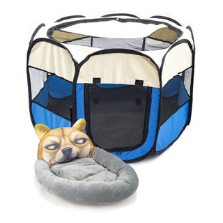 Kit Casa Corral Plegable Portátil Azul Y Cama Para Mascotas Kit Casa Corral Plegable Portátil Azul Y Cama Para Mascotas