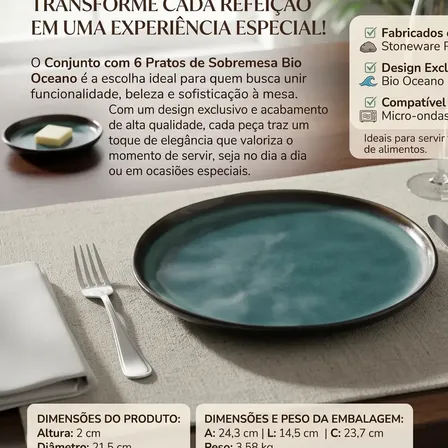 Conjunto 6 Pratos Sobremesa Grés 21,5cm Azul Porto Brasil Bio Oceano