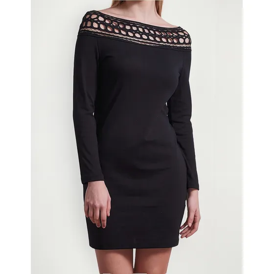 Vestido Corto Manga Larga Cuello Bote Guipur Algodón Y Lycra