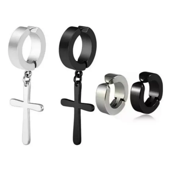 Brinco Pressão Argola Cruz Pressão Cor Prata e Preto