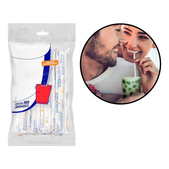 100 pajitas de papel biodegradables empaquetadas individualmente, color blanco