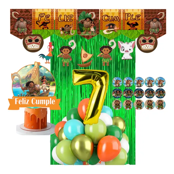 Combo Globos Maiu Moana  2 Deco Banderin Stickers Toppers