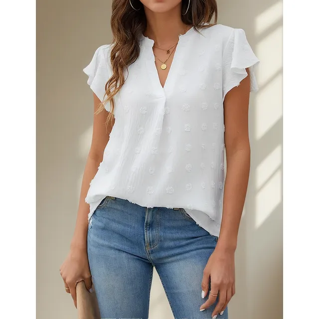 V-neck Pleated Lotus Leaf Sleeve Fur Ball Top Chiffon Shirt