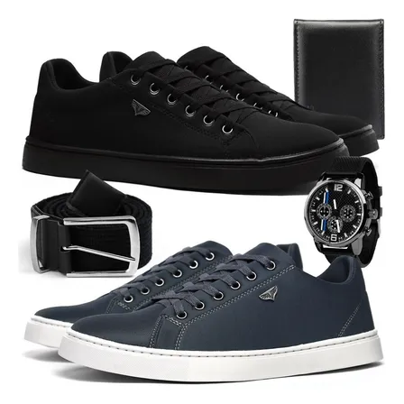 Kit Dois Pares Sapatênis Masculino + Relógio Cinto Cartei