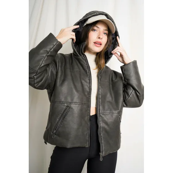 Campera Puffer Mujer Benka Auxerre Cuerina Capucha Importada