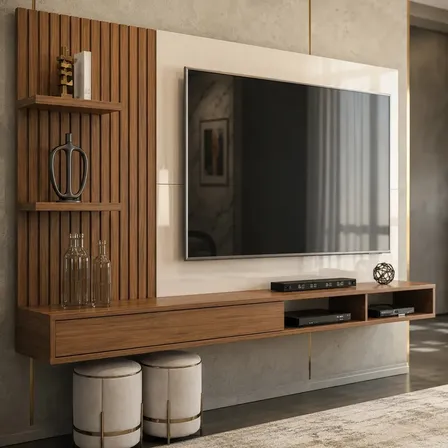 Painel Bancada Suspensa Lisboa 190cm Tv Até 60 Polegadas Ripado Com Nichos 1 Porta Inova Móveis Design Moderno Cor Freijó Off White