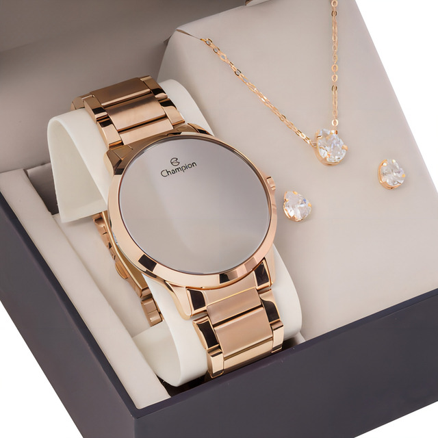 Kit Relógio Feminino Champion Rosé Espelhado Colar E Brincos Kit Relógio Feminino Champion Rosé Espelhado Colar E Brincos