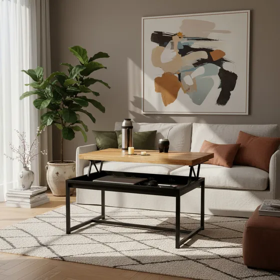 Mesa Ratona Elevable Hierro Y Madera Industrial Vintage Color Negro Satinado Wengue Brillante