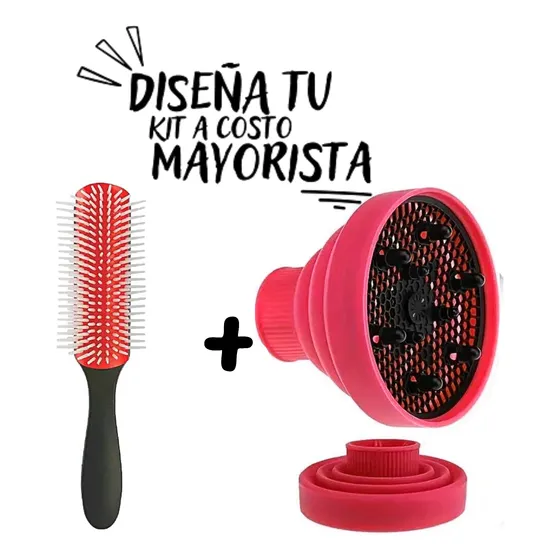 Kit Cepillo 9 Hileras Cabello Rizo Difusor
