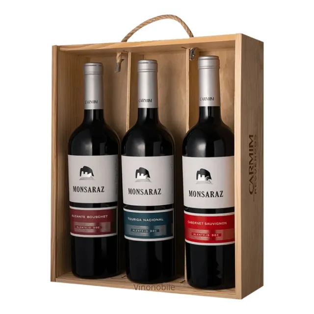 Kit 3 Vinhos Monsaraz Monovarietais Alentejo Caixa Madeira