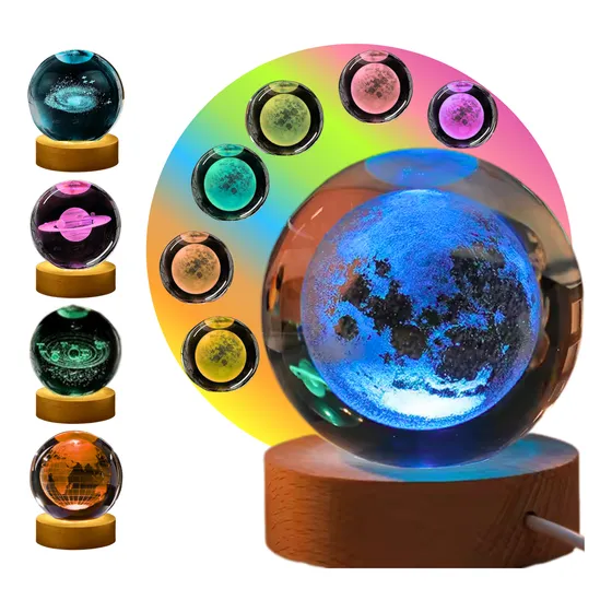 Esfera Cristal 3d Multicolor Led Base Madera Lámpara Noche Marrón Luna