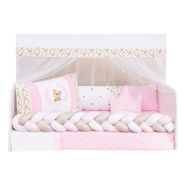 Kit Protetor Berço Trança Ursinho Rosa Americano Baby Menina