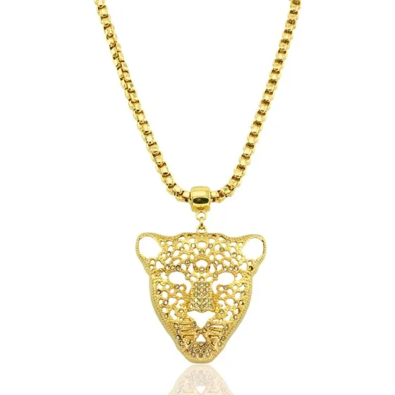 Colar Onça Cravejada Semijoia Ouro 18k